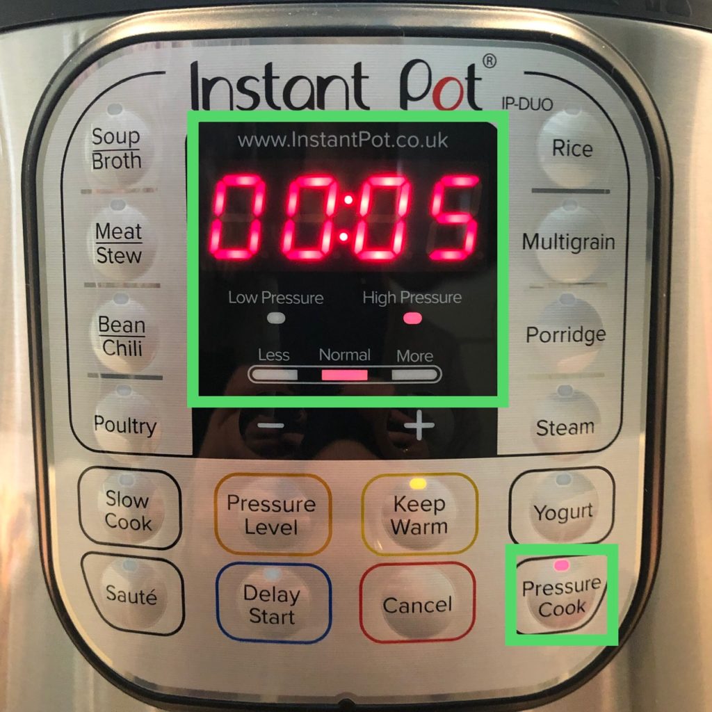 Instant Pot instelling voor 5 minuten Pressure Cook - High Pressure